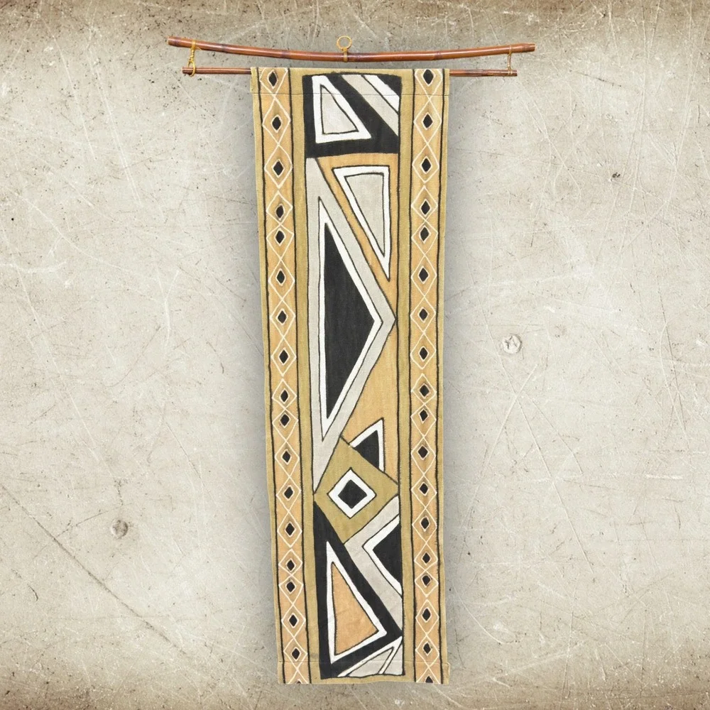 African Mud Cloth Wall Hanging Geometric Hand Painted Textile Art w/ Bamboo Rod‎